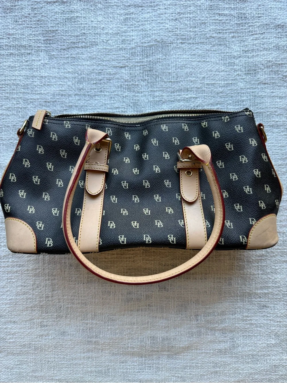 Dooney Bourke Black Multicolor DB Monogram Satchel Tan Leather Y2K